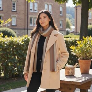 Herman Kay Wool Light Beige Size 16 Winter Overcoat Jacket Pea Coat w/ Scarf